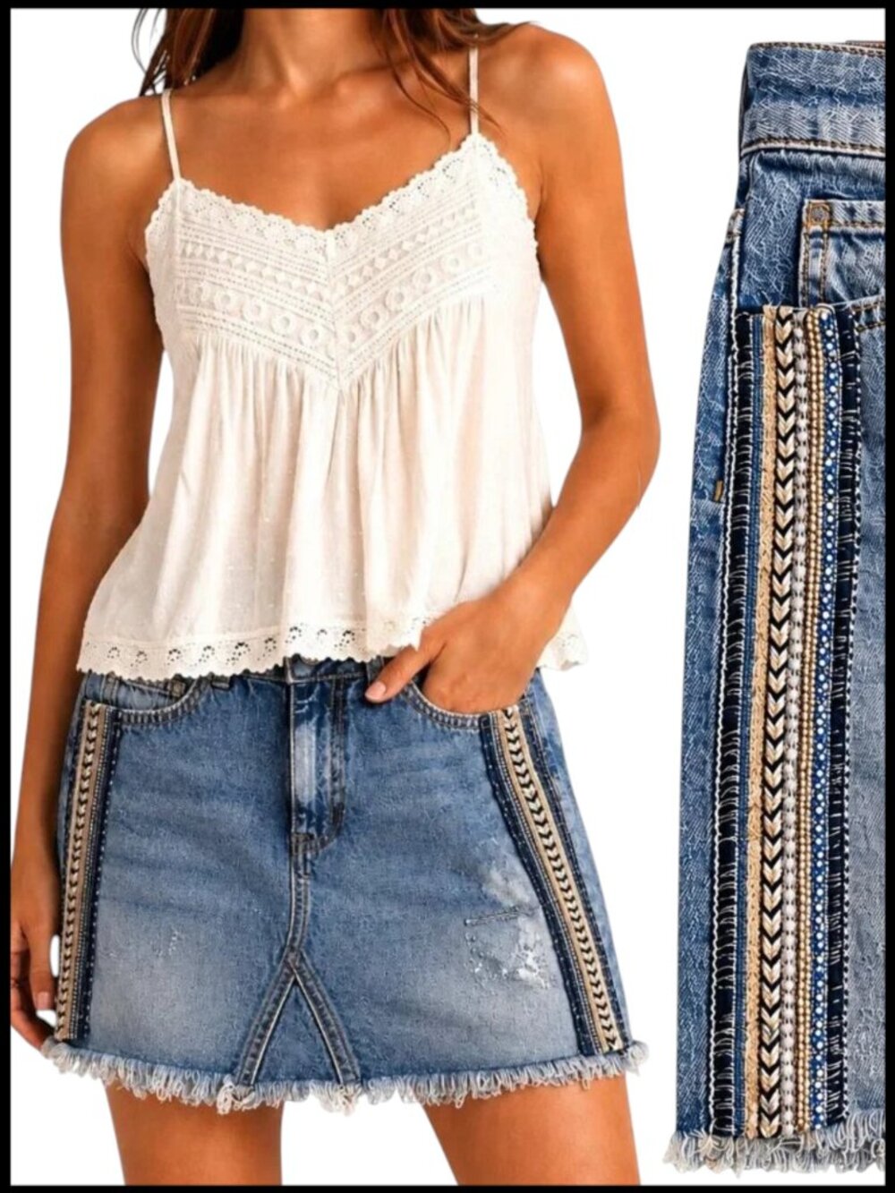 Free People Blue Denim Mini Skirt Embellished Braided Trim Size 4